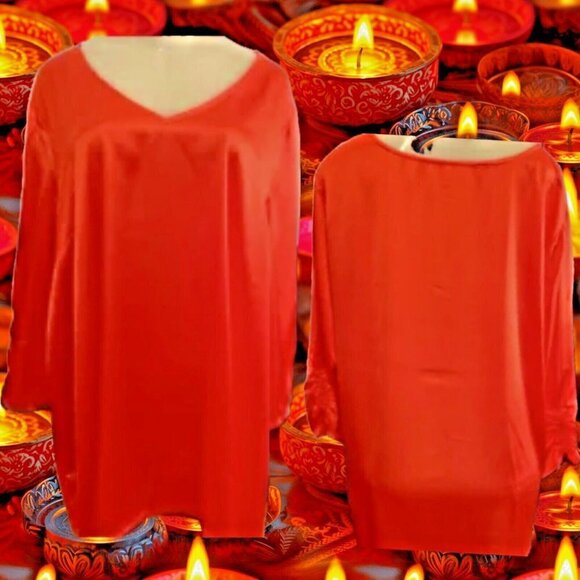 Jessica London Plus 18W Fire Red Satin V-Neckline 3/4 Ruched Sleeve Blouse - Picture 3 of 7